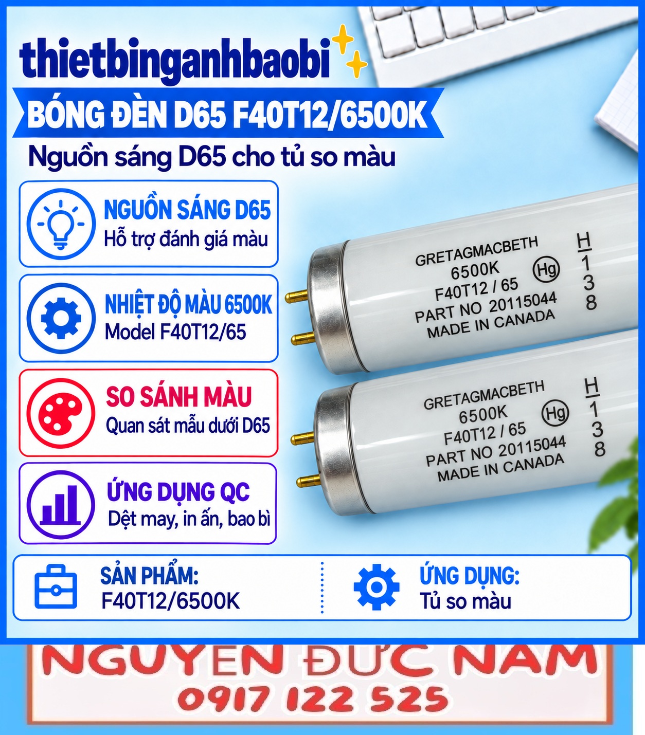 Bóng đèn D65 F40T12/6500K cho tủ so màu và bàn kiểm màu
