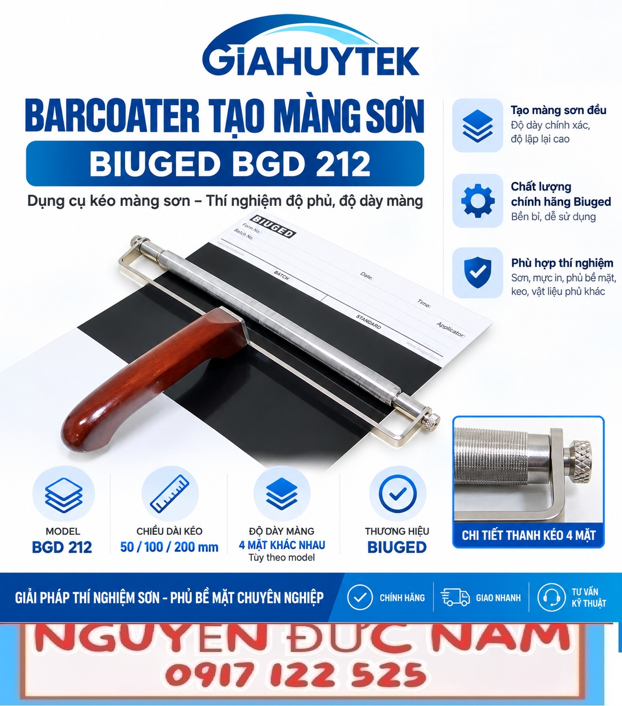 Barcoater Biuged BGD 212 dạng thanh quấn dây tạo màng sơn
